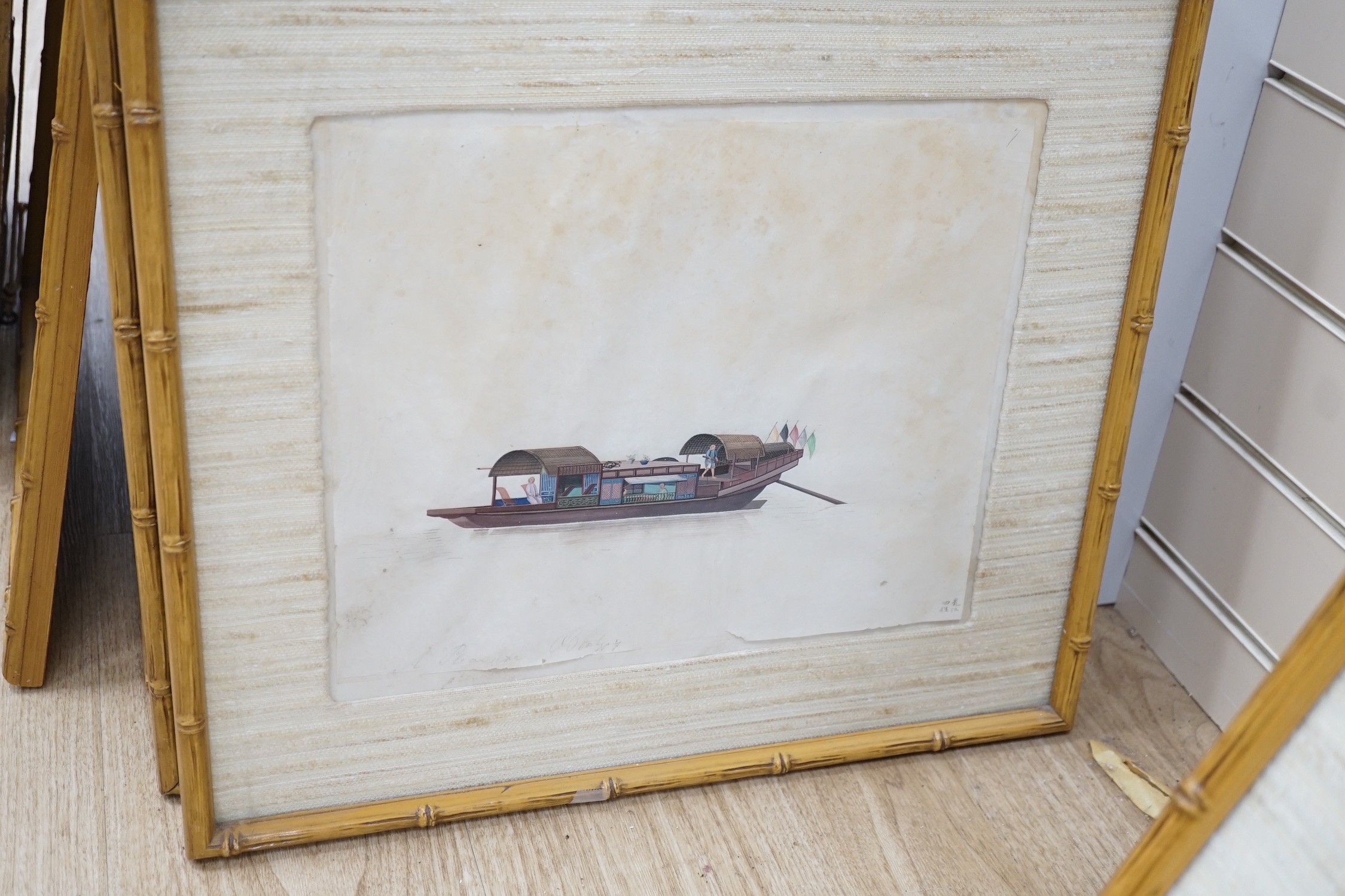 19th century Chinese School, nine gouaches on pith paper, Studies of water-going vessels, inscribed in Chinese and titled in English, giving the names and uses of the various vessels, 29 x 34cm